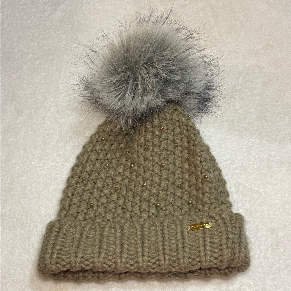 Steve Madden Tan Knit Beanie with Gold Details & Faux Fur Pom